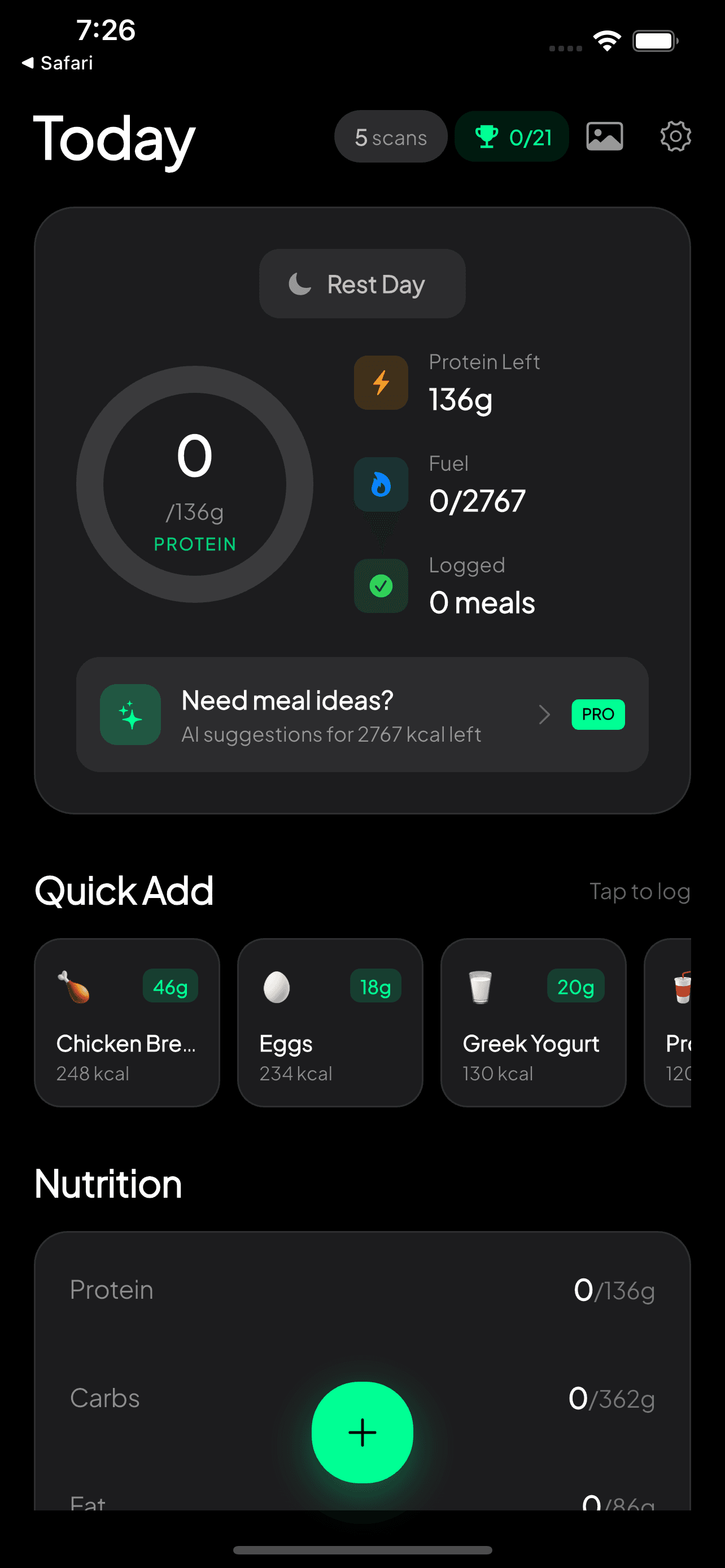 MeaLens Quick Add and Training Day toggle